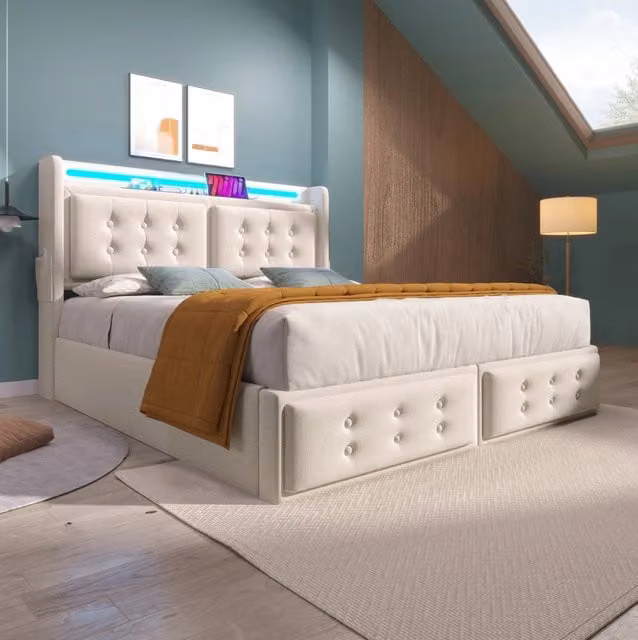 Letto contenitore 160x200 cm con testiera LED; USB e Type-C; cotone-lino beige