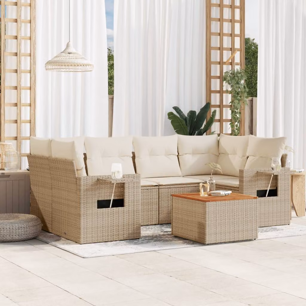 vidaXL Set Divani da Giardino 7 pz in Polyrattan con Cuscini Beige e Tavolino da Esterno