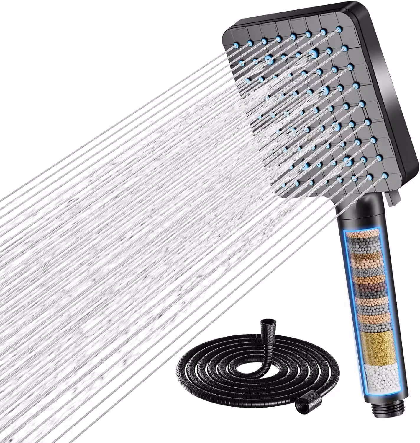 Rubinetto a leva con filtro, 20 posizioni, 6 tipi di getto, tubo da 1,5 metri, colore nero, per bagno