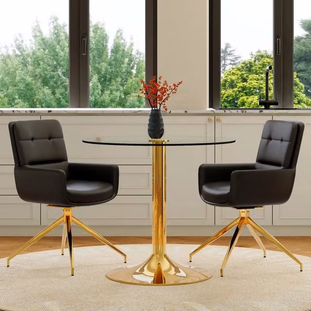 Set tavolo e sedie: tavolo rotondo in vetro temperato Ø85 cm con struttura metallica, abbinato a 2 sedie da pranzo girevoli a 360° in PU nero-oro