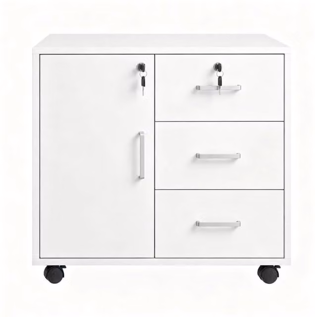 Mobile armadio per ufficio con 3 cassetti chiudibili, ripiano regolabile e ruote bianche 60x40x56 cm