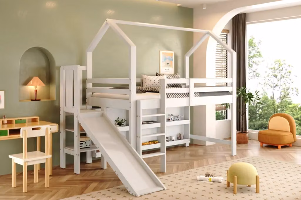 Letto singolo multifunzionale per bambini con scivolo, armadio e scaffali, bianco, 90 x 200 cm – 2