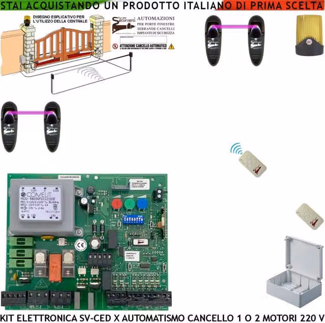 Centralina per cancello elettrico a 2 ante Securvera 220 V con 2 radiocomandi e 2 fotocellule, funzioni regolabili e montaggio a parete – 1