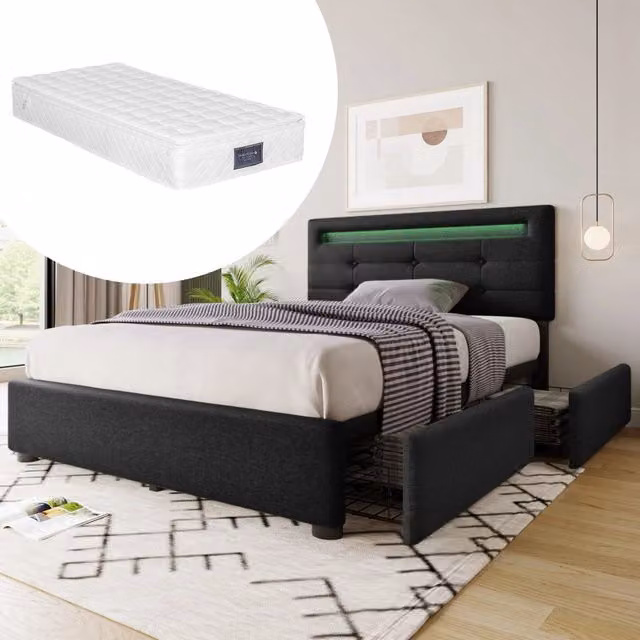 letto con testata regolabile e cassetti in lino nero 90 x 200 cm