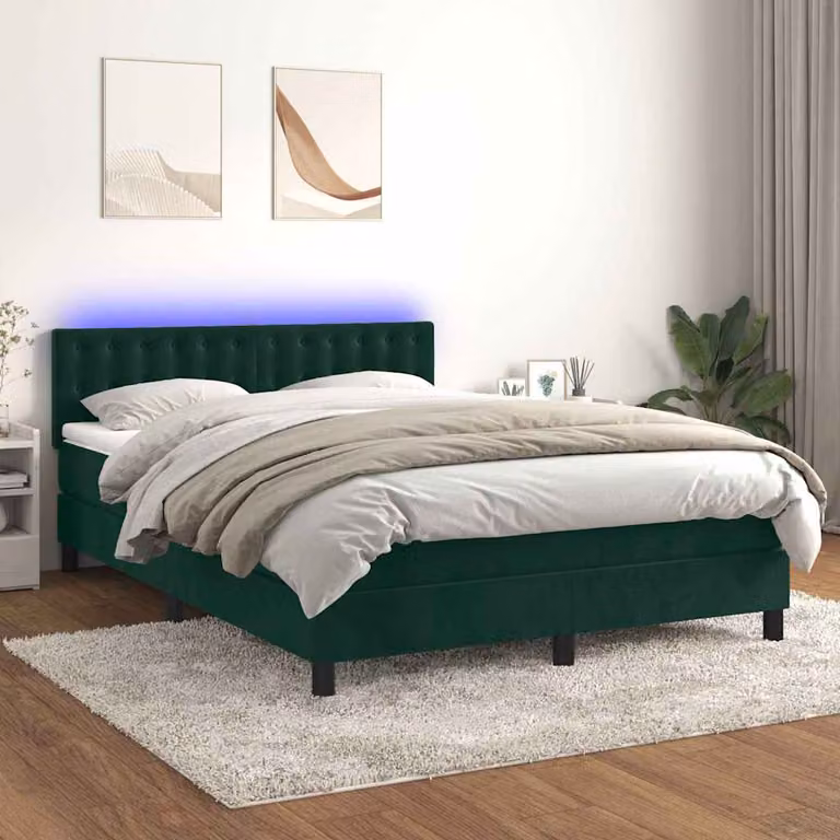 Letto a Molle con Materasso e LED vidaXL in Velluto Verde Scuro, L/P/H: 140 x 190 x 88 cm