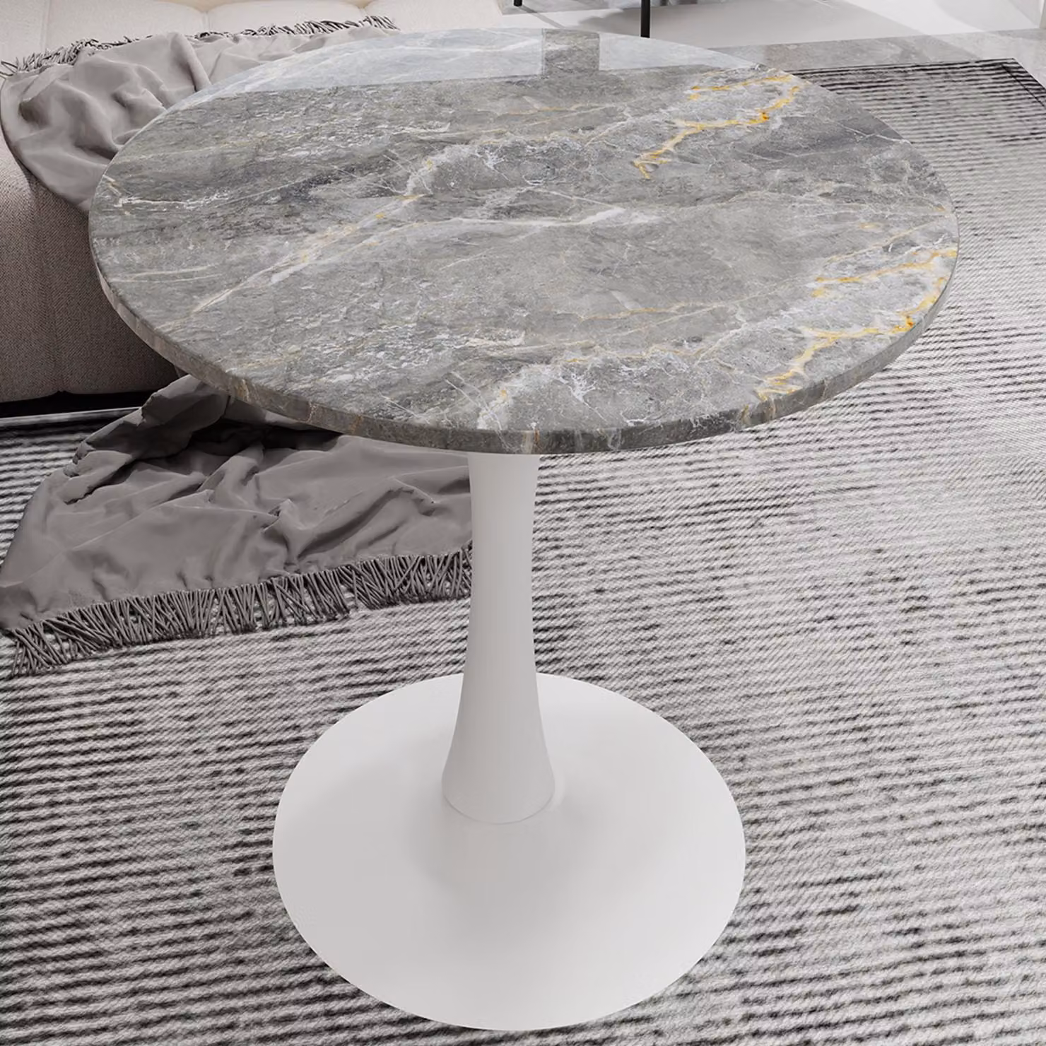 Tavolino STILVORA da 27,6 pollici con piano rotondo in marmo con venature grigio scuro Tavolino da caffè adatto per 2-4 persone, tavolo da pranzo con venature, perfetto per diversi stili di arredamento