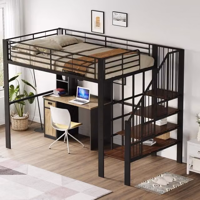 Letto a soppalco in metallo e legno 140 x 200 cm nero con scala e spazio sotto il letto