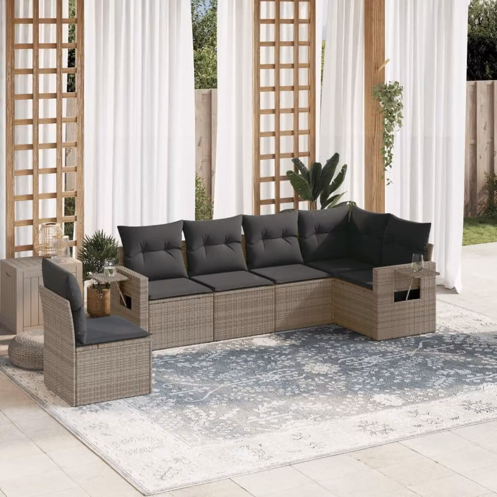 vidaXL Set Divano da Giardino a L 6 pz Grigio con Cuscini e Tavolino in Polyrattan e Metallo – 1