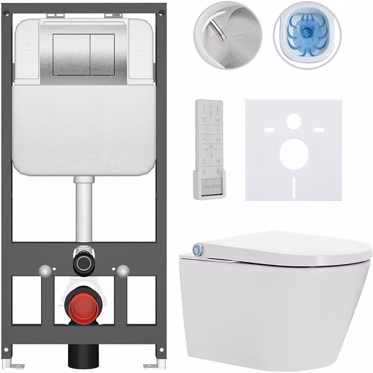 CERANO - WC sospeso con bidet Cronus Pro - bianco lucido - pulsante Prime/Maxio, argento - sospeso - installazione a parete/cartongesso - 59,3 x 38,4 cm