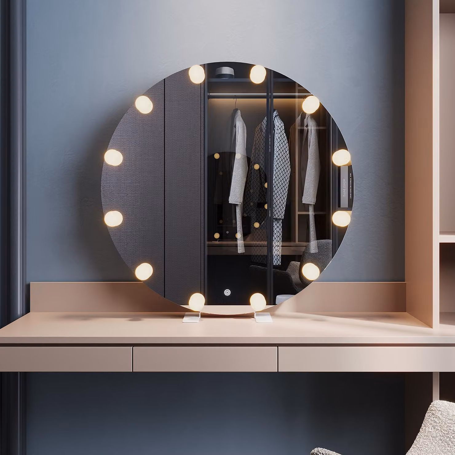 SONNI 80 x 80 x 3,5 cm Specchio rotondo bianco per vanità con illuminazione a LED e presa per il montaggio a parete.