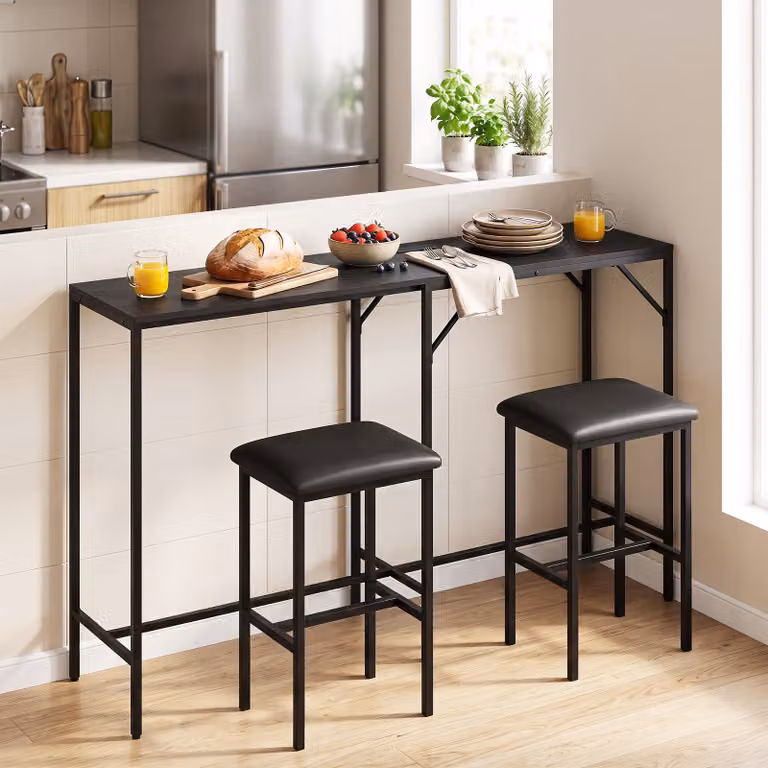 Set tavolo da bar Costway con 2 sgabelli imbottiti e stazione di ricarica, penisola per cucina e ristorante in legno e metallo nero stile industriale