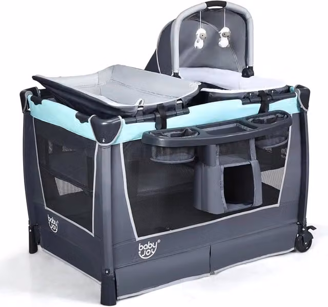 Lettino Neonato da Viaggio 4 in 1 Costway Pieghevole con Materasso, Fasciatoio e Giocattolo, Grigio-Azzurro – 1