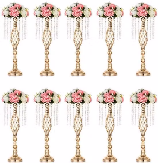 Set di 10 vasi di nozze per tavolo, vasi metallici dorati da 55 cm con catena di perle di cristallo per matrimoni, composizioni floreali artificiali per feste, cerimonie di anniversario, feste, eventi, ricevimenti
