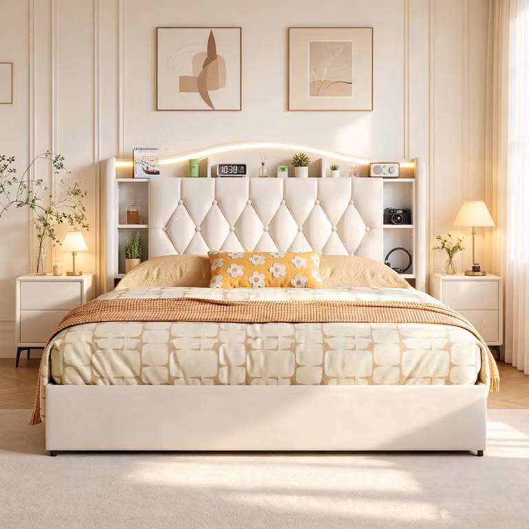 Letto matrimoniale con boxspring, imbottito, 160x200 cm, con illuminazione LED e porte USB/C, con sistema di sollevamento idraulico e spazio contenitivo, struttura letto matrimoniale con rete a doghe, color beige, rivestito in velluto