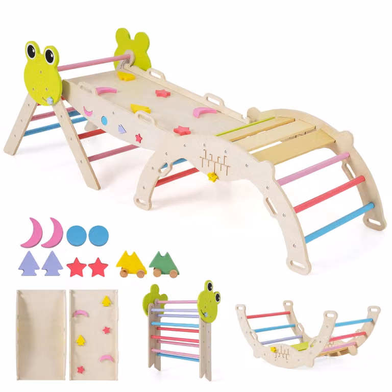 Set di 3 strutture per arrampicata indoor COSTWAY, triangolo pieghevole con scivolo, arco di arrampicata, rampa bifacciale, set di mattoncini e 2 macchinine, per bambini da 1+