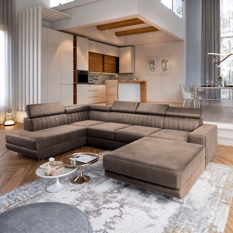 Divano angolare Masseno SIENA L-S con funzione letto a U, divano con box letto, divano da soggiorno, divano, divano letto, set di divani - beige, MONOLITH 09