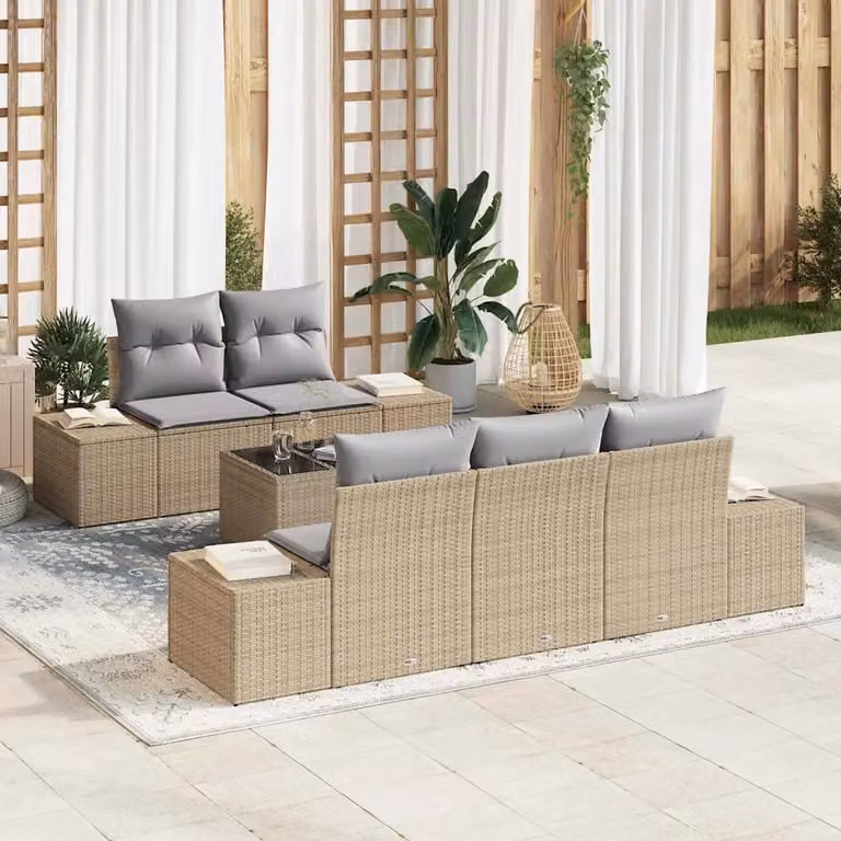 Set Divano da Giardino angolare vidaXL Beige con Cuscini e Tavolino in Polyrattan e Acciaio