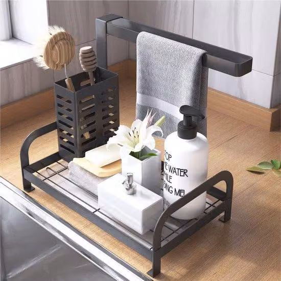 Scaffale da cucina nero con ripiano e porta-spugna per bagno e cucina