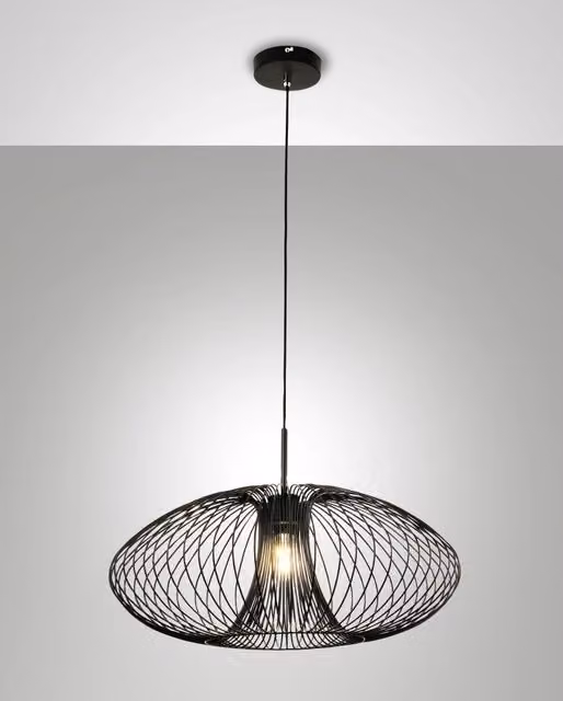 Lampada a Sospensione Fassa Ø60cm in Metallo Nero, Attacco E27 40W, Design Industriale, Classe di Isolamento 1, IP20 - Illuminazione Interni