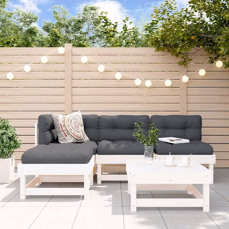 vidaXL Set Salotto da Giardino 5 pz a L in Legno di Pino Bianco con Cuscini