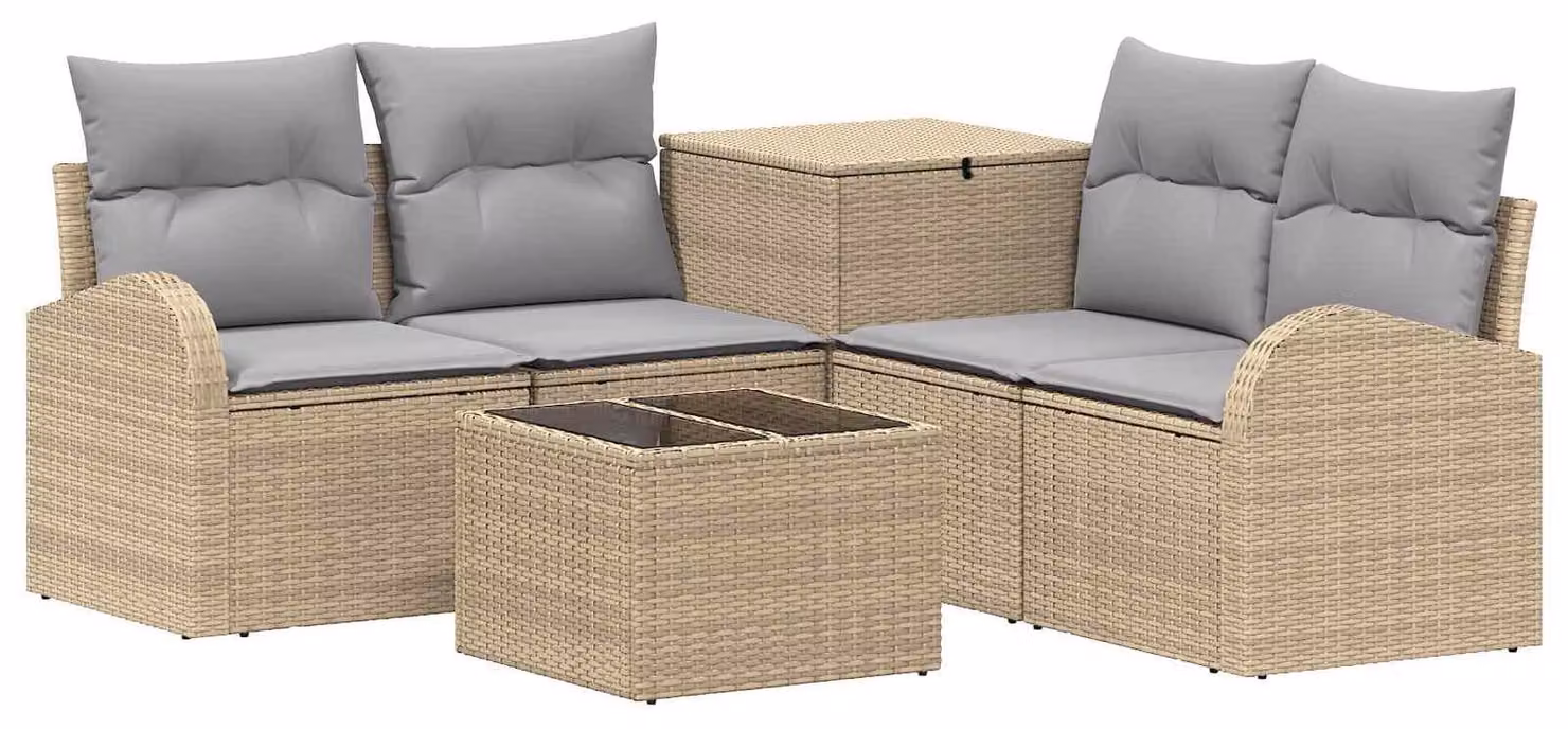 Set di divani da esterno, 6 pezzi. Colore: beige e grigio chiaro. Materiali: rattan sintetico e acciaio