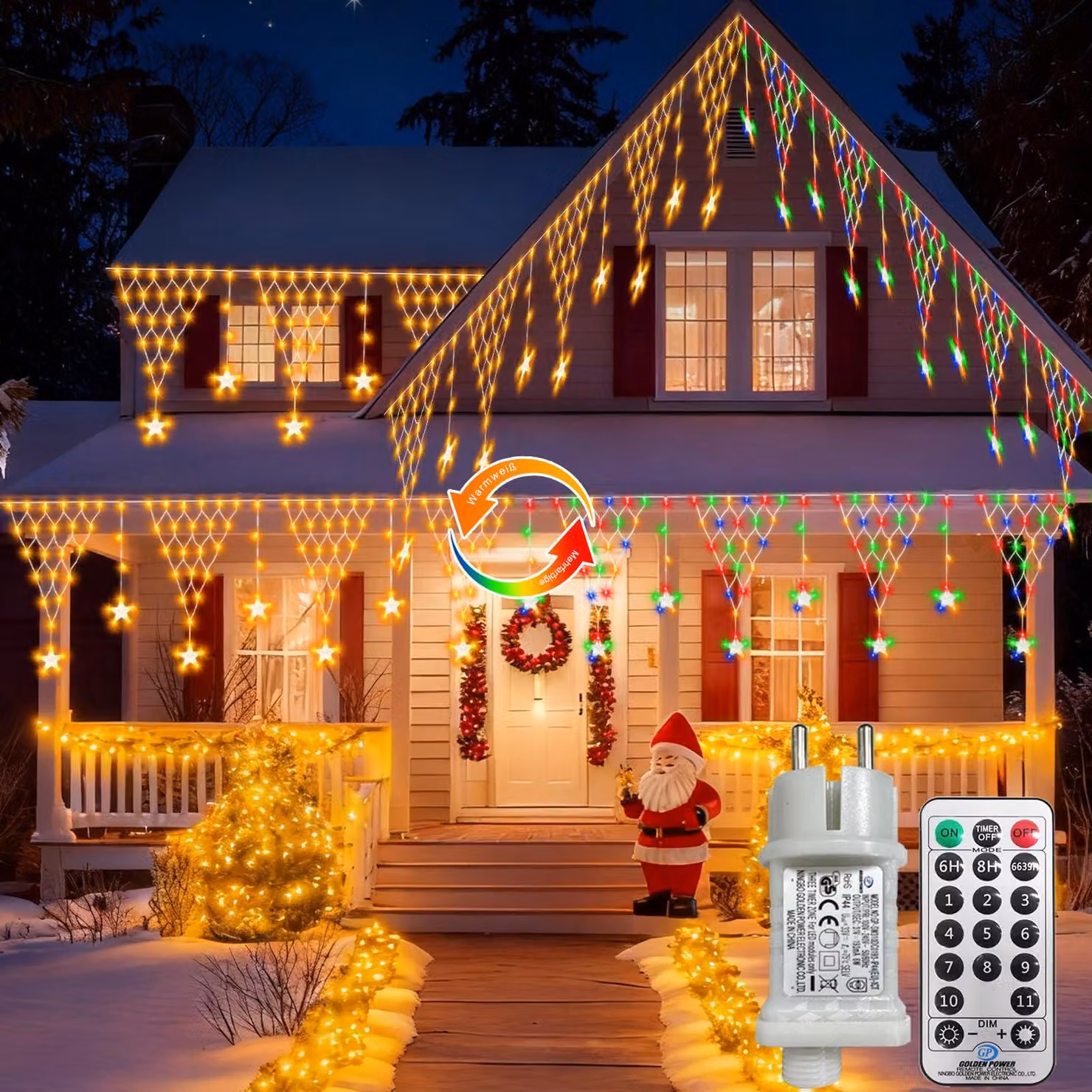 Rete luminosa a forma di stelle, 4 metri, 196 LED, luce bianco caldo/multicolore, 11 modalità, timer, grado di protezione IP67