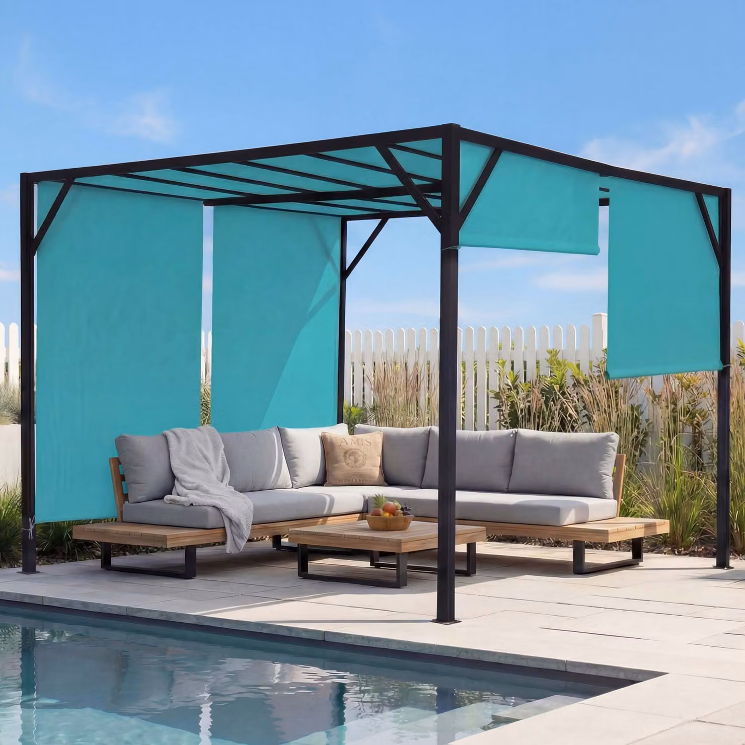 Pergola Baia, copertura per patio a padiglione da giardino, robusta struttura in acciaio da 6 cm + tetto scorrevole blu turchese ~ 3x3m