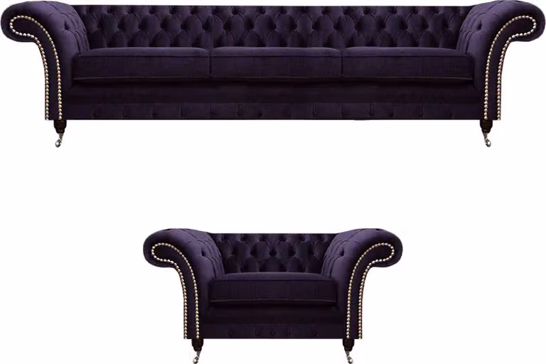 Komplett Set 2tlg Dreisitzer Sofa Chesterfield Lila Sessel Wohnzimmer