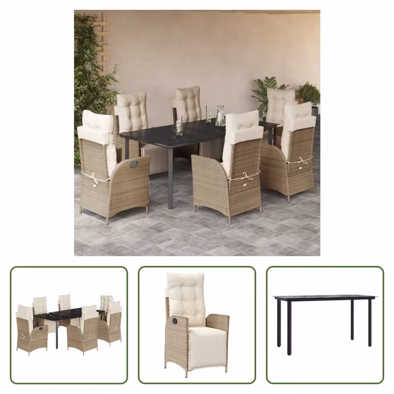 The Living Store Set da pranzo da giardino 7 pezzi con cuscini Beige poly rattan