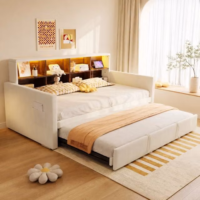 Divano letto imbottito 90x190 cm con letto estraibile; LED; prese USB/Type-C; velluto beige