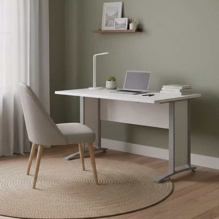 Dmora Scrivania Amigos 80x120x74.5h cm Bianco, Fori Passacavi Colore Struttura Grigio