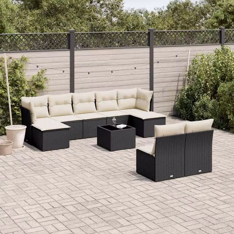 vidaXL Set Divani da Giardino 10pz in Polyrattan Nero con Cuscini e Tavolino da Esterno