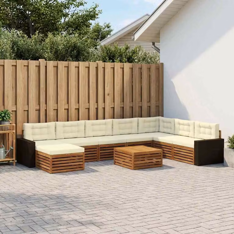 Set di divani da esterno vidaXL a forma di L in legno di acacia con tavolino e pouf, 9 pezzi, Marrone, Beige e Bianco