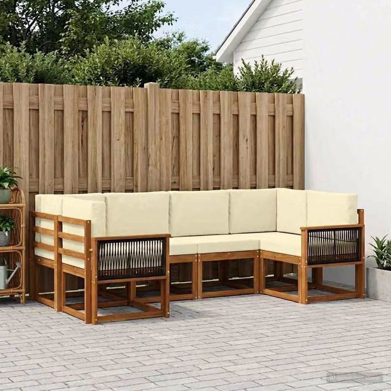 Set di divani da esterno vidaXL a forma di L in legno di acacia con cuscini, beige e bianco