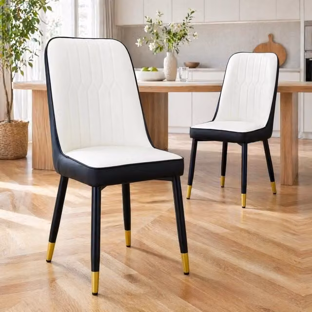 Set di 2 sedie da pranzo moderne MODFU in ecopelle nera e bianca con gambe in metallo nero
