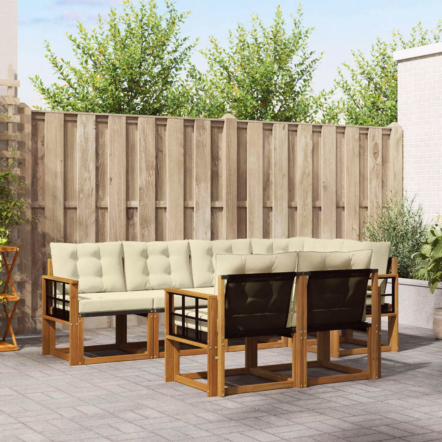 Set di divani da esterno vidaXL 7 pezzi in legno di acacia con sedute in textilene beige e bianco