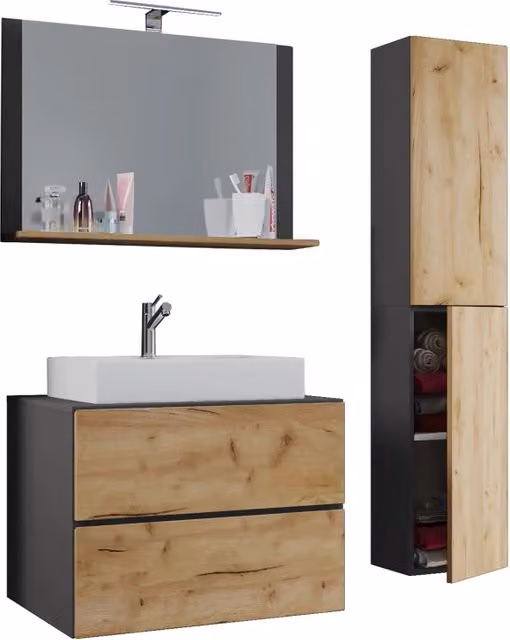 Set da bagno EZOOZA 4 pezzi con mobile sospeso a 2 cassetti, lavabo XL in ceramica bianca, colonna e specchio con illuminazione LED, Antracite e Rovere