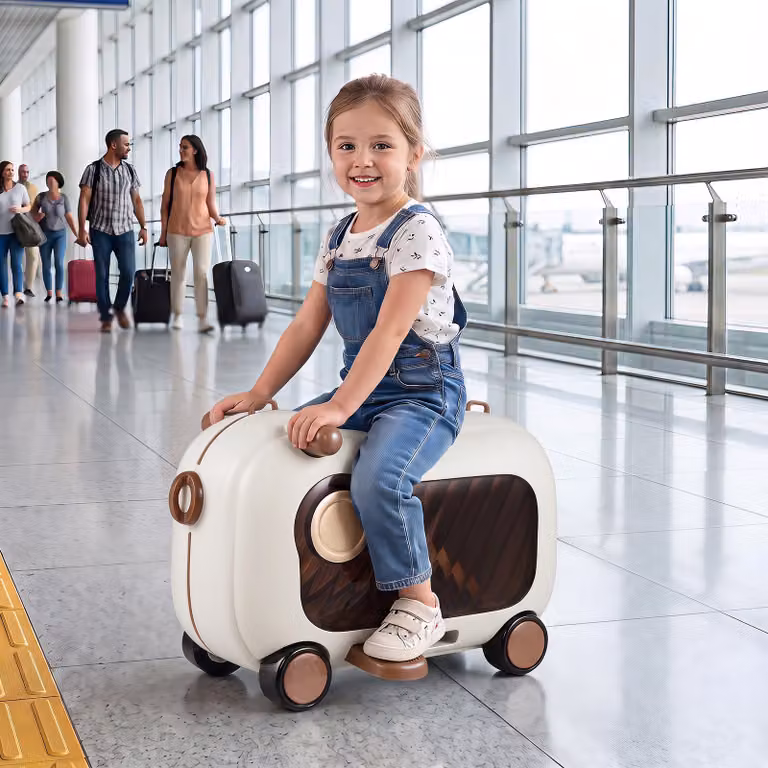Valigia cavalcabile 2 in 1 Costway con ruote fluide, pedali pieghevoli e tracolla rimovibile per bambini dai 2 anni in su, Marrone e Bianco