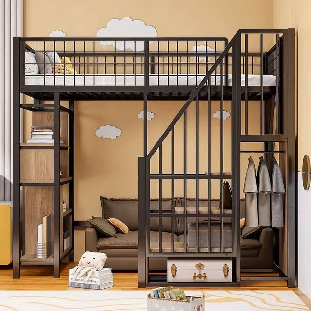 Letto a soppalco - Xylo - 90x200 cm nero con ripiani e scala