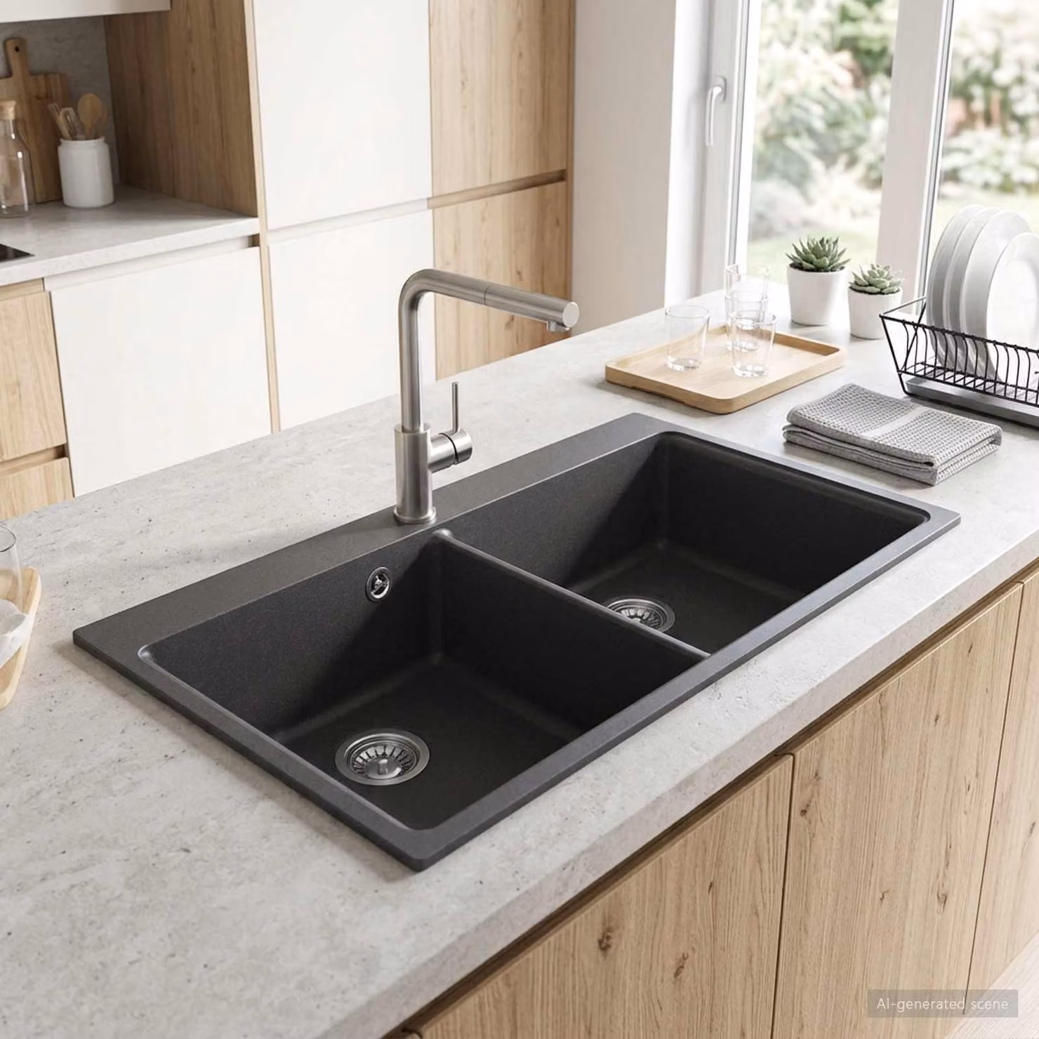 Lavello da cucina a doppia vasca vidaXL in granito grigio L/P/H: 86 x 51 x 30 cm