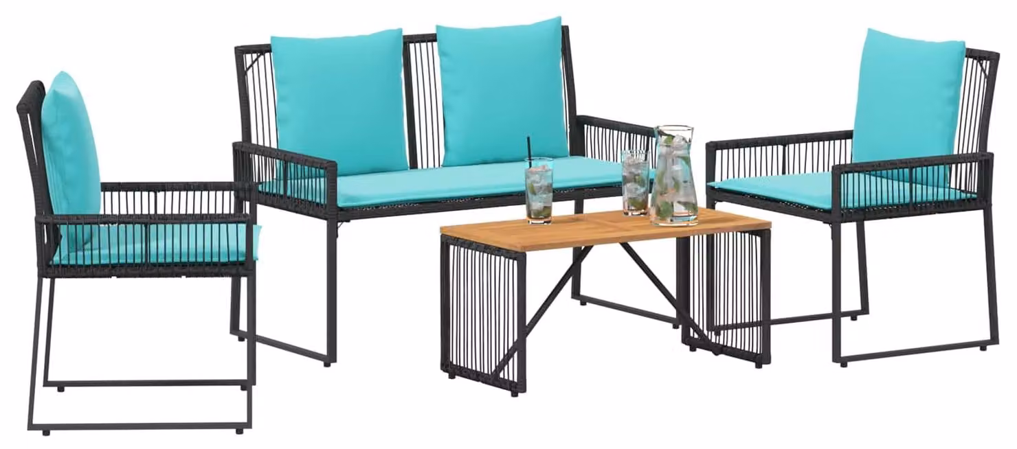 Set di Mobili da Esterno 9 pcs Nero e Turchese polyrattan