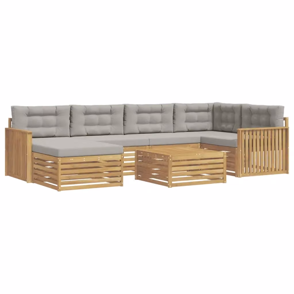 Set di divani da esterno vidaXL a forma di L in legno di acacia con pouf e tavolino, Bianco e Grigio – 2