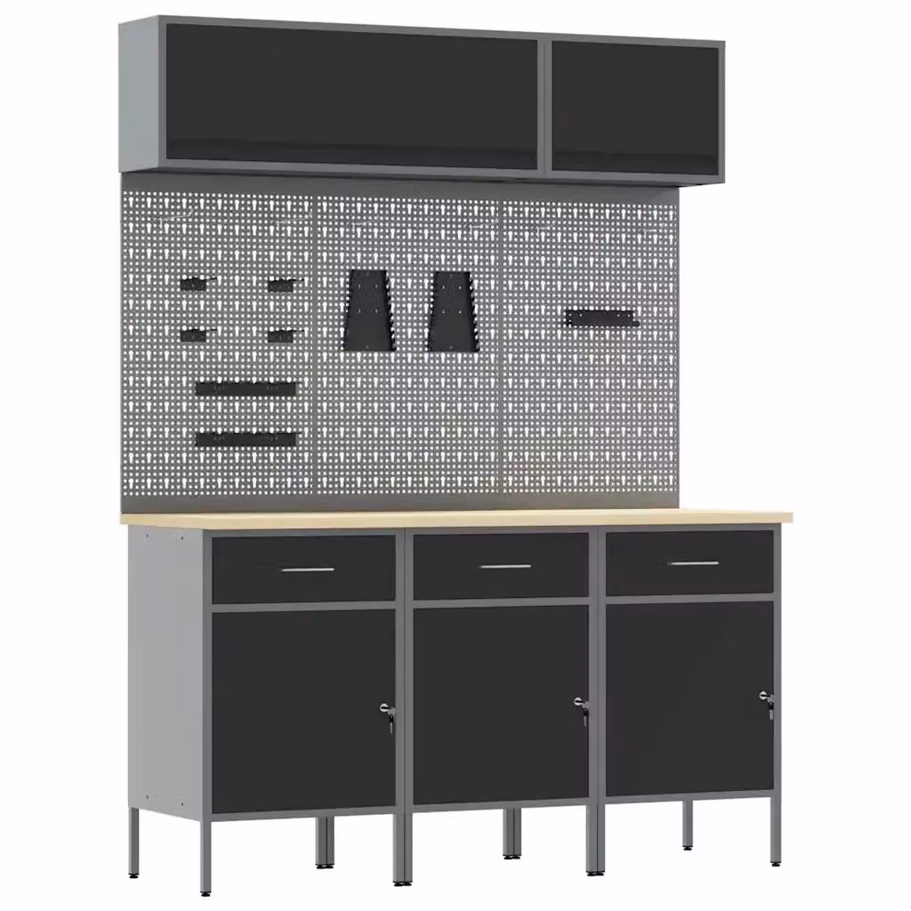 Set di mobili da lavoro vidaXL in acciaio e legno nero con cassetto con blocco, 8 pezzi – 2