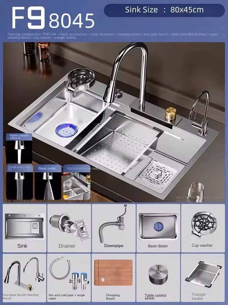 Lavello da cucina in acciaio inossidabile, con un unico vano e miscelatore a cascata, dimensioni 80 x 45 cm, realizzato in acciaio inossidabile 304, forma rettangolare, finitura spazzolata e rivestimento nanotecnologico