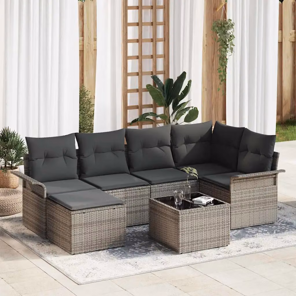 Set Divano da Giardino Moderno vidaXL in Polyrattan Grigio con 7 Pezzi e Cuscini Inclusi – 1