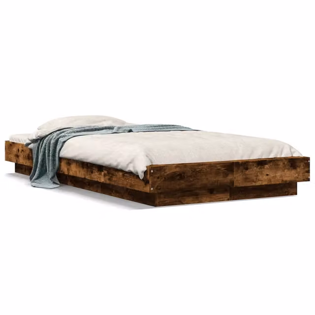 Letto singolo moderno in legno Rovere Fumo con luci LED sottostante e porta di ricarica USB, L/P: 100 x 200 cm