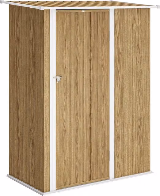 Capanno porta attrezzi in metallo Outsunny con tetto inclinato e porta bloccabile, color legno, L: 142 cm, P: 86 cm, H: 189 cm – 1