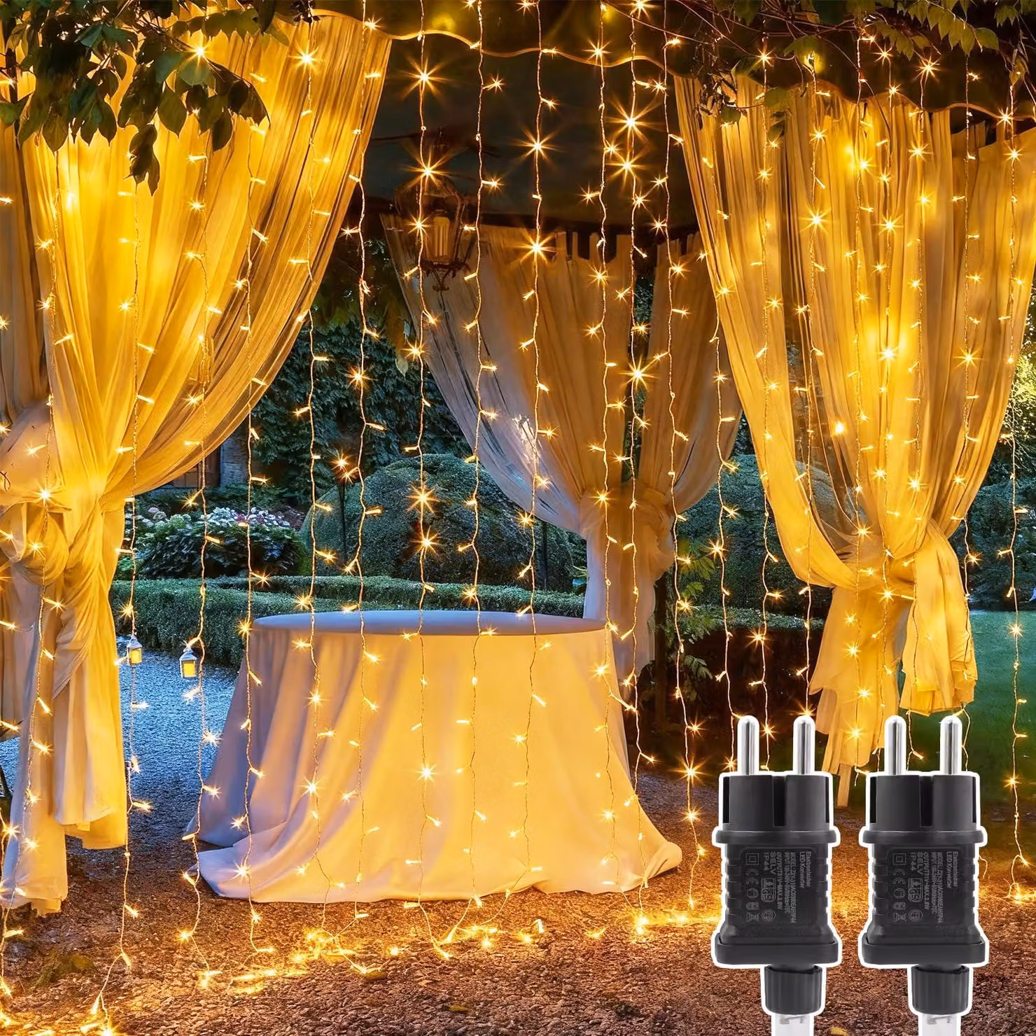 Set di 2 tende luminose a LED, dimensioni 3x2 metri, luce bianco caldo, 8 modalità, grado di protezione IP44, adatte per interni ed esterni