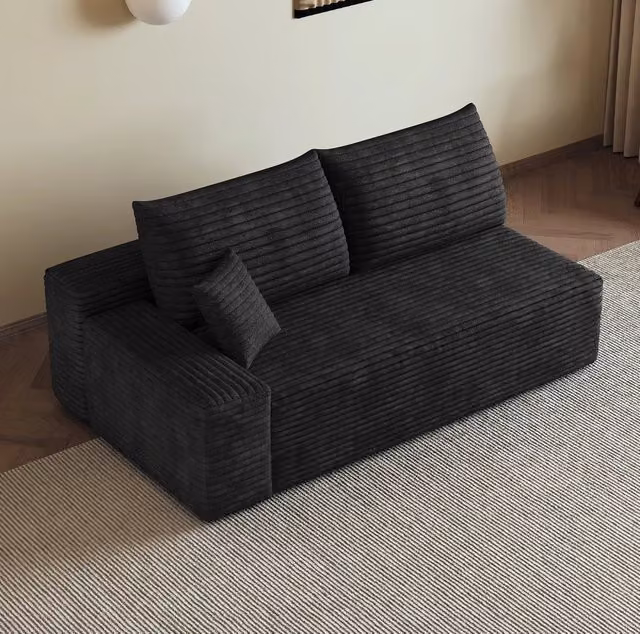 Divano modulare a L con chaise longue reversibile WISHDOR in tessuto di velluto a coste nero con cuscini inclusi