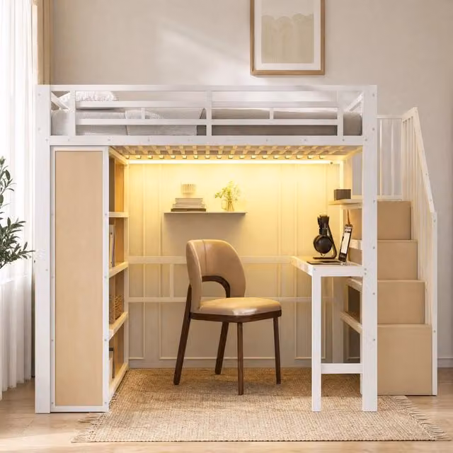 Letto a soppalco 140x200 cm bianco con scrivania, LED e scala contenitore